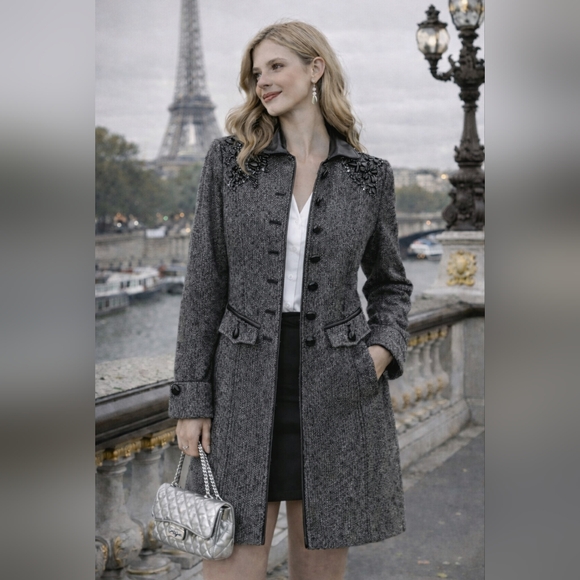 INSIGHT New York Blazer Jacket 8 Womens Tweed Fitted Beaded Black